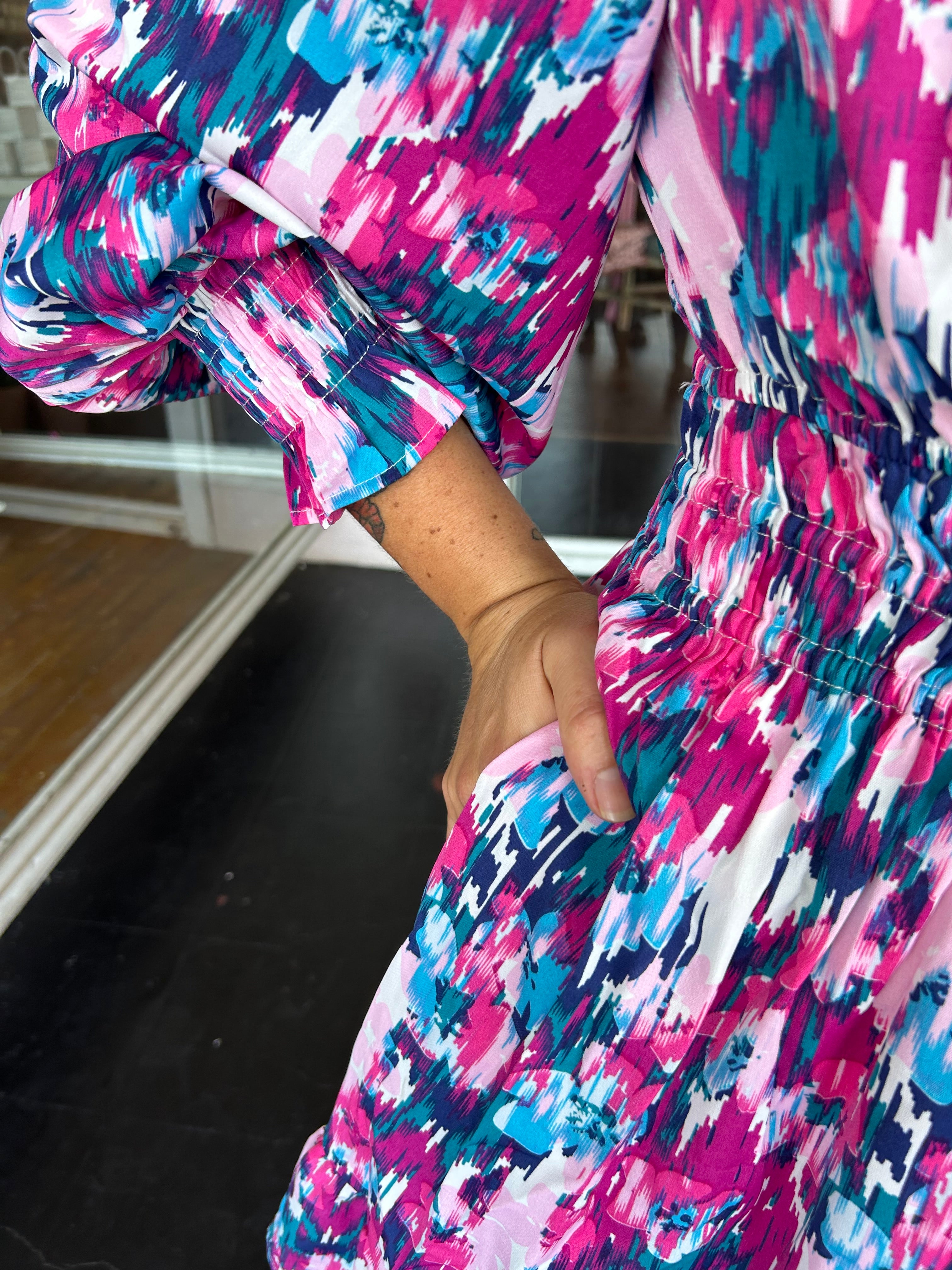 Abstract Fuchsia/Teal Printed Dress