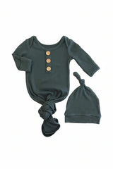 Forest Green Ribbed Bamboo Baby Knot Gown & Hat Set