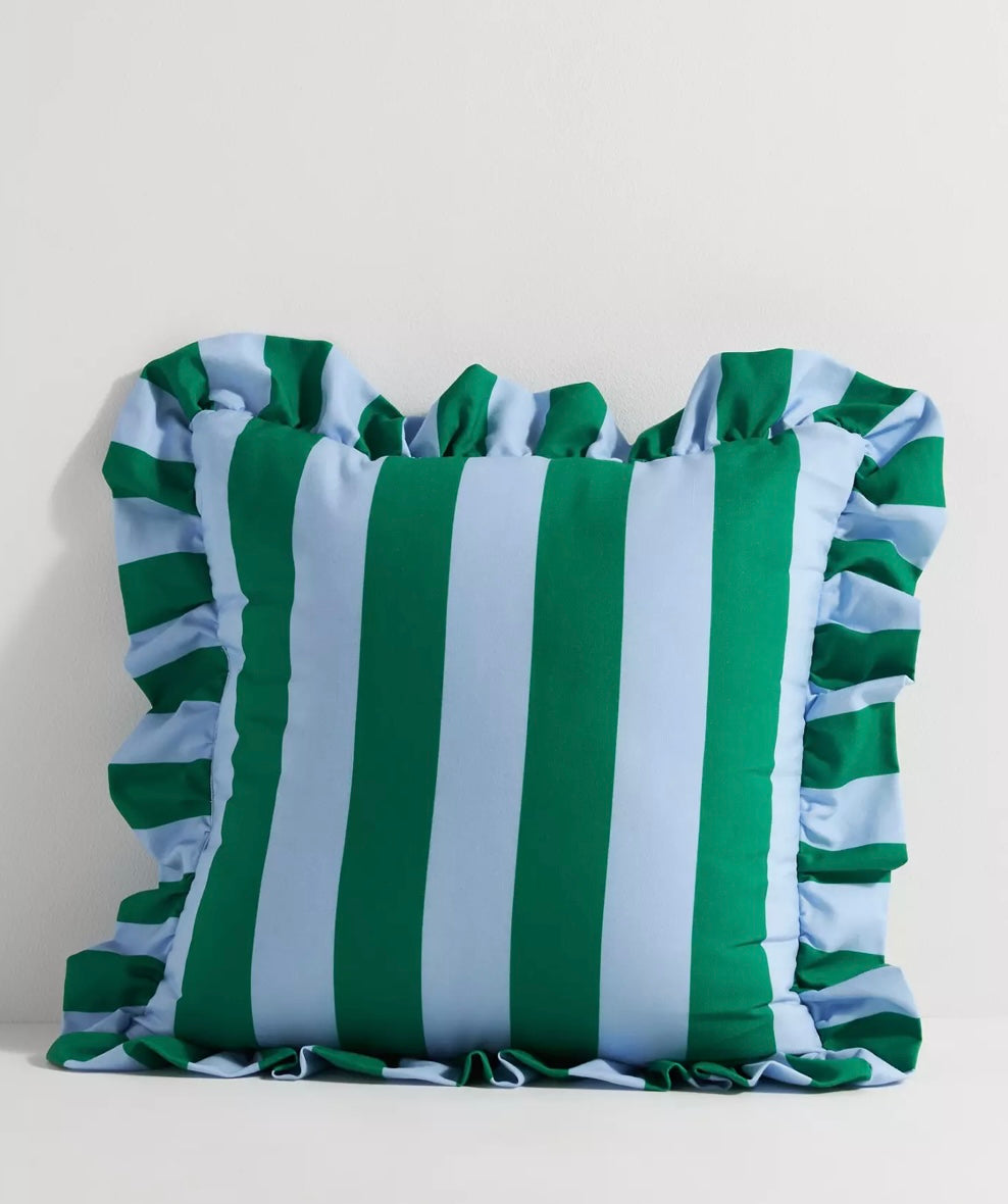 Cotton Printed Striped Pillow with Ruffle