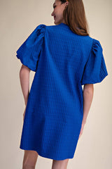Mini Dress Puff Sleeve V-Neck Stitch Detailed