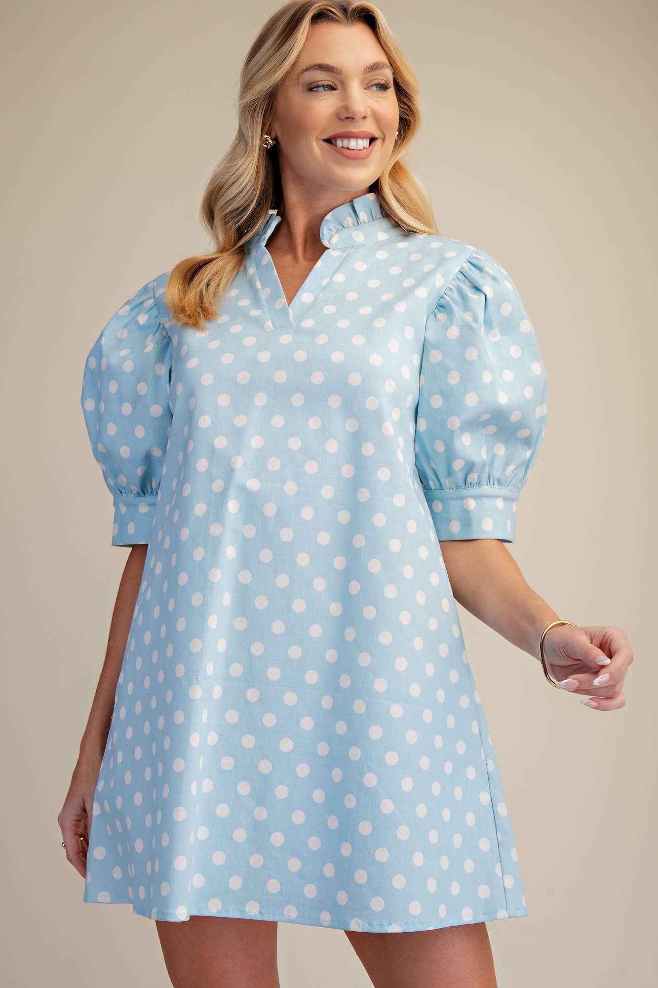 Ruffle V-Neck Puff Sleeve Polka Dot Mini Dress