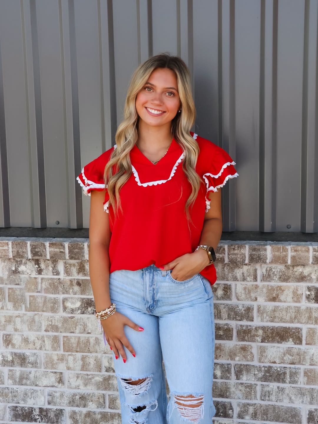 Ruffle Sleeve Scallop Trim Top