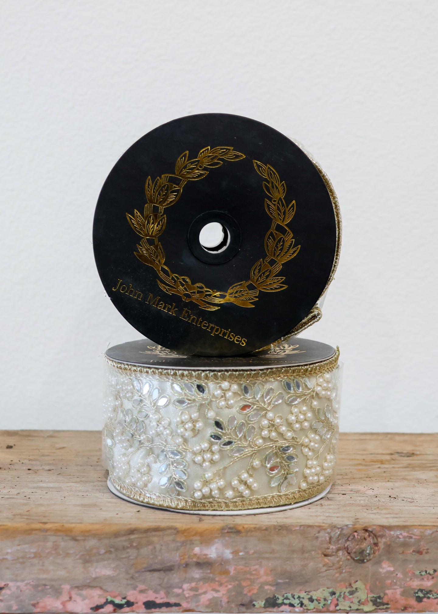 Jeweled Pearl Mirror Trim Gold Ribbon