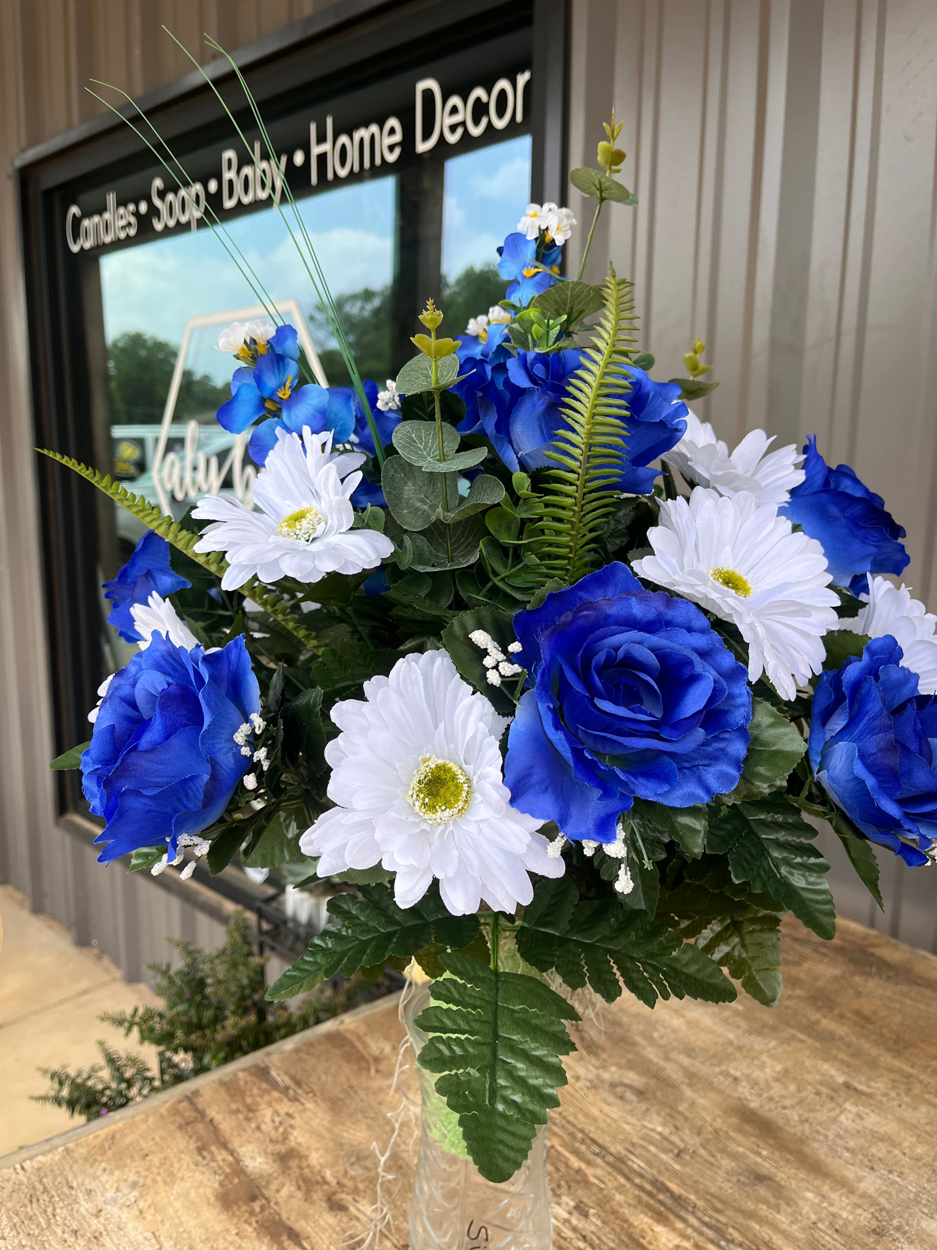 Blue and White Gravestone Bouquets