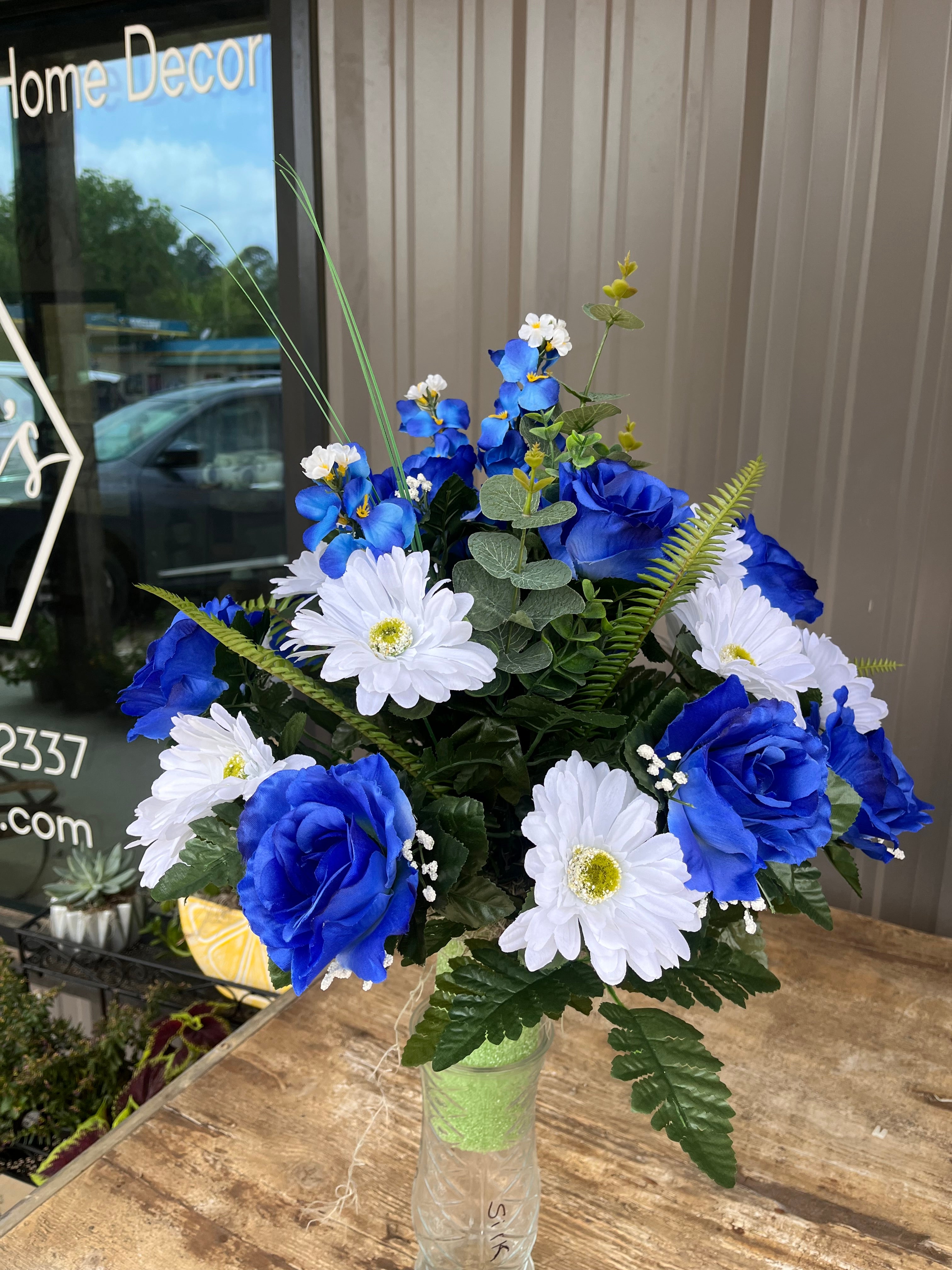 Blue and White Gravestone Bouquets