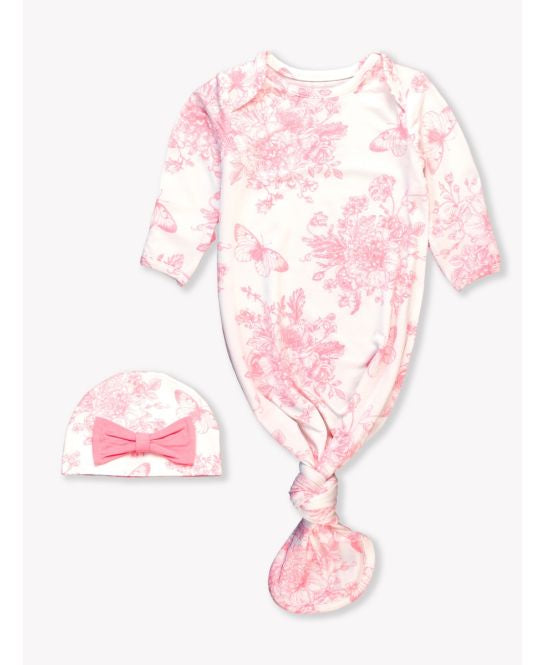 Bubblegum Pink Butterfly Toile Ruffle Knotted Sleep Gown & Hat