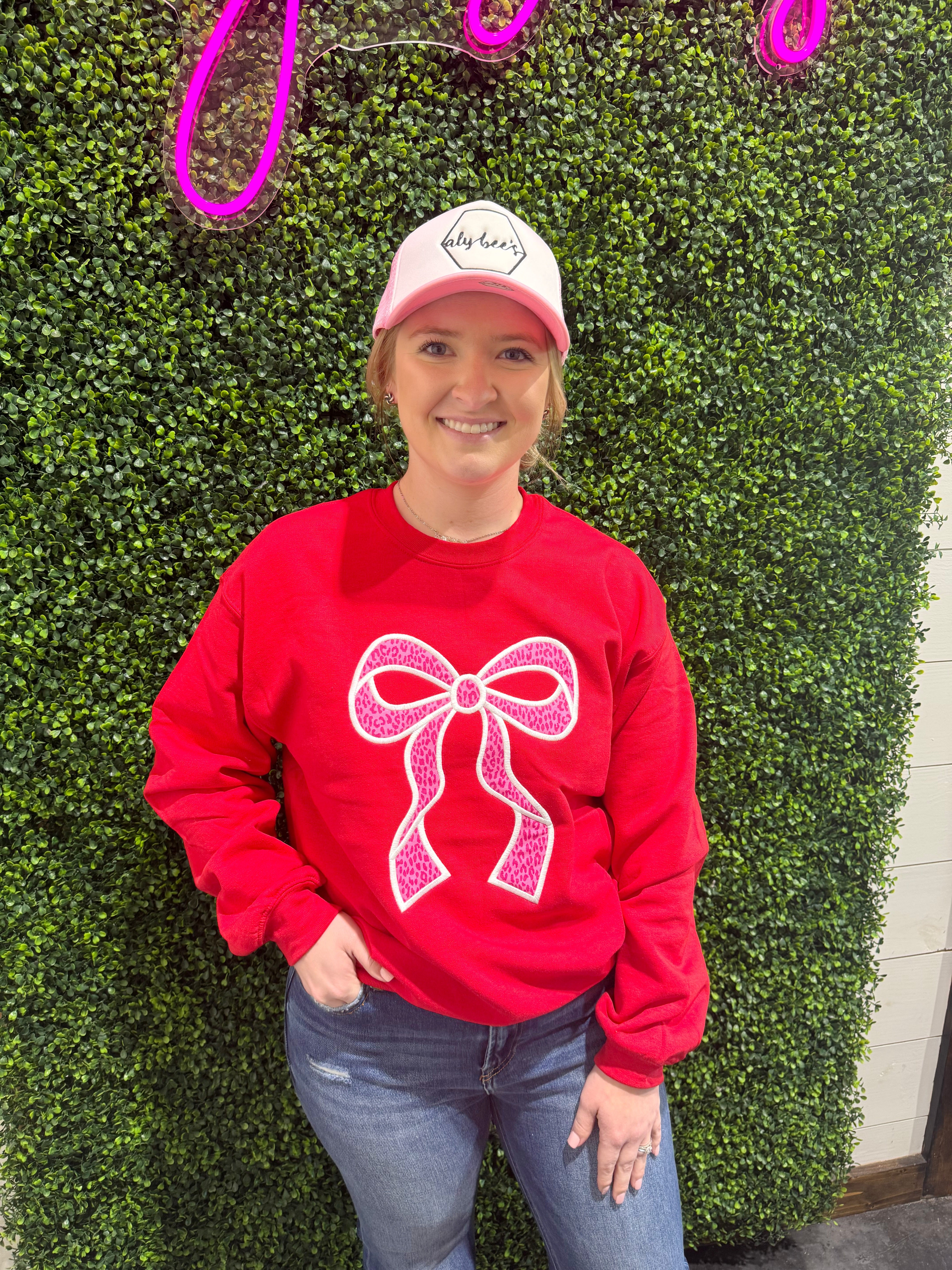 Red Sweatshirt with Pink Cheetah Bow