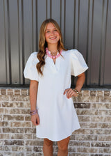 Mini Dress Puff Sleeve V-Neck Stitch Detailed