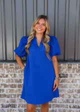 Mini Dress Puff Sleeve V-Neck Stitch Detailed