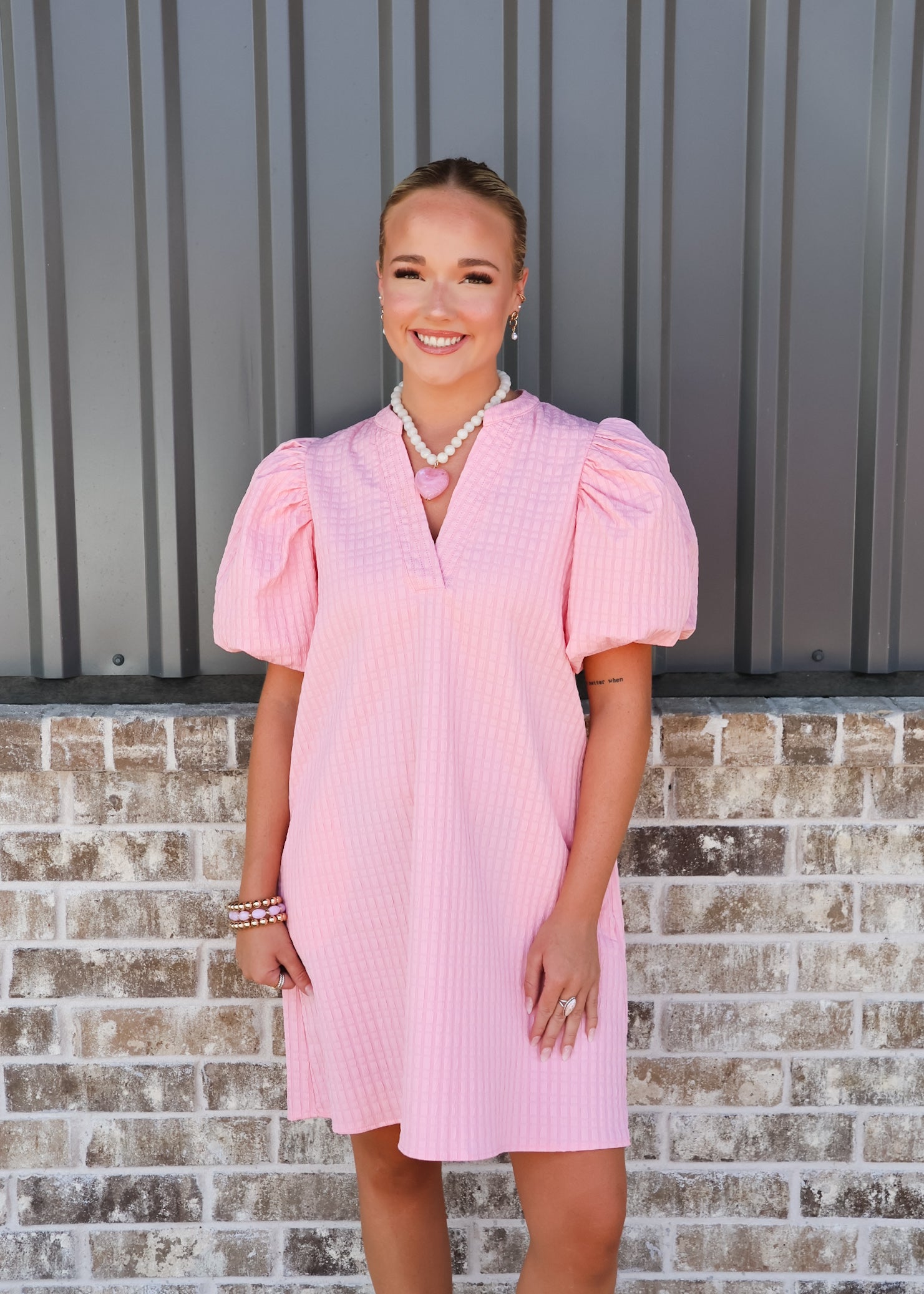 Mini Dress Puff Sleeve V-Neck Stitch Detailed