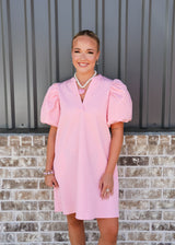 Mini Dress Puff Sleeve V-Neck Stitch Detailed