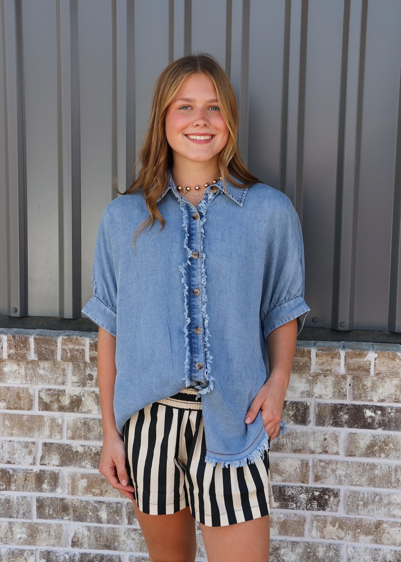 Frayed Trim Denim Button Top