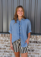 Frayed Trim Denim Button Top