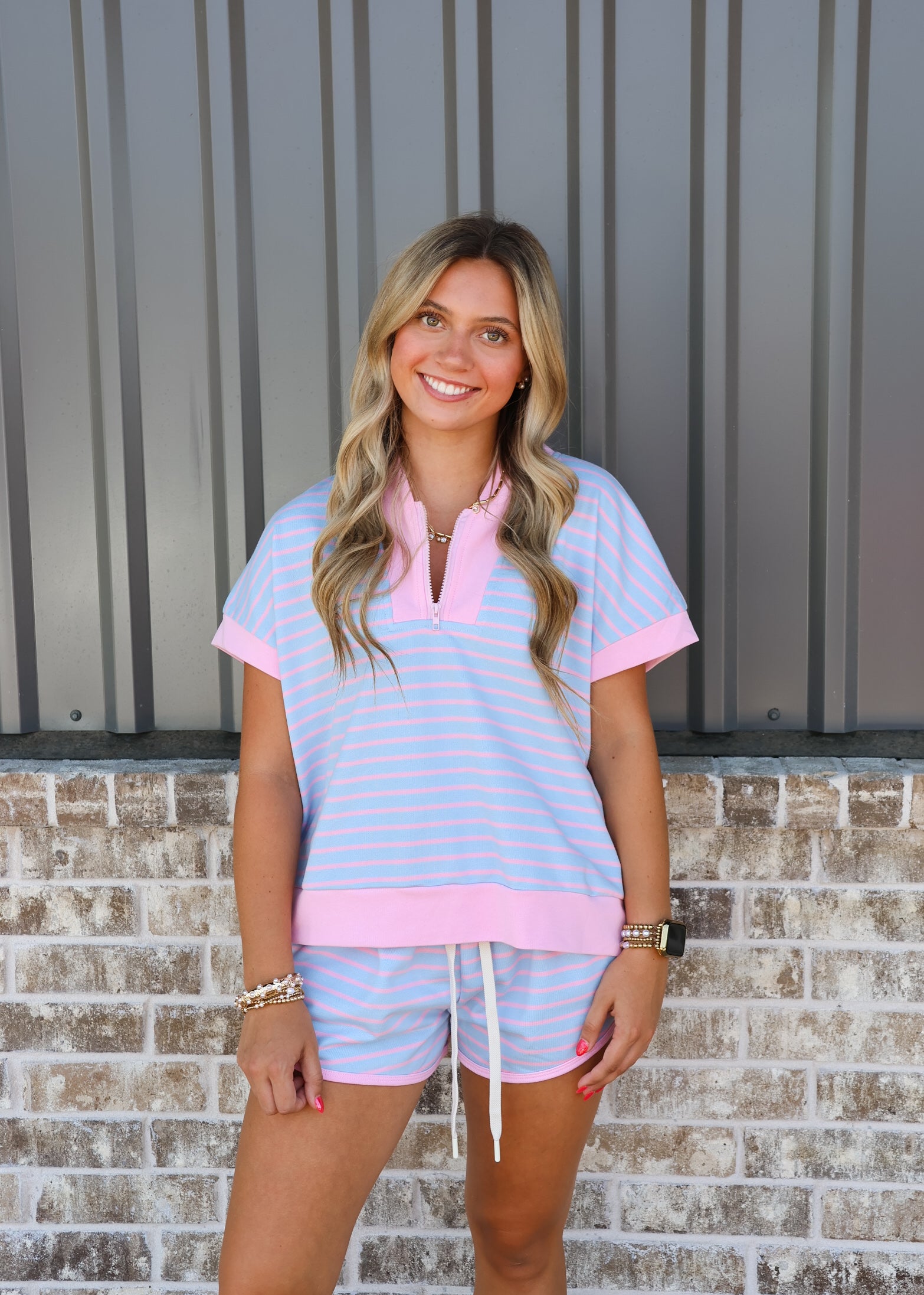 Striped Zip-Up Top and Shorts Set