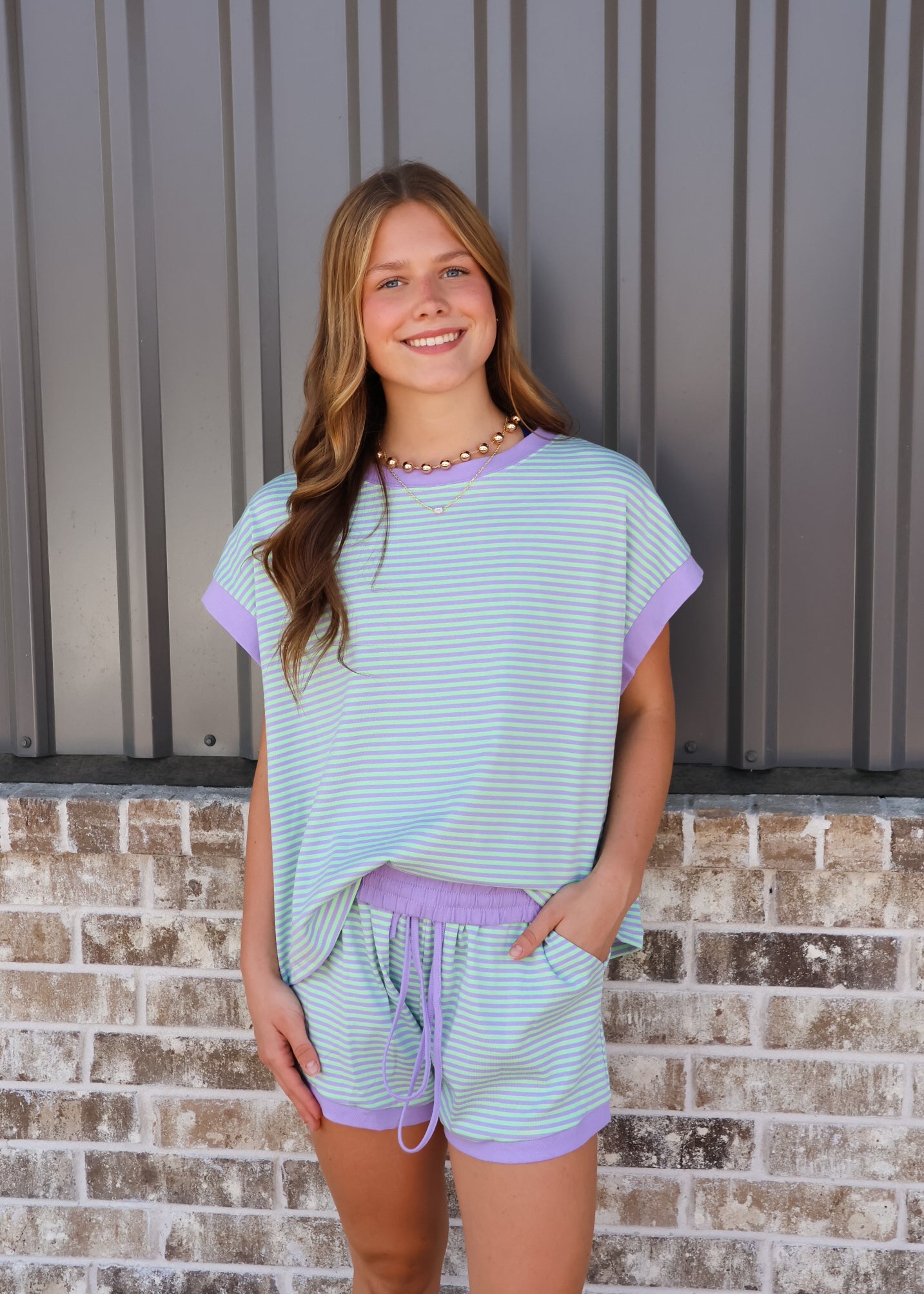 Striped Knit Top and Shorts Lounge Set