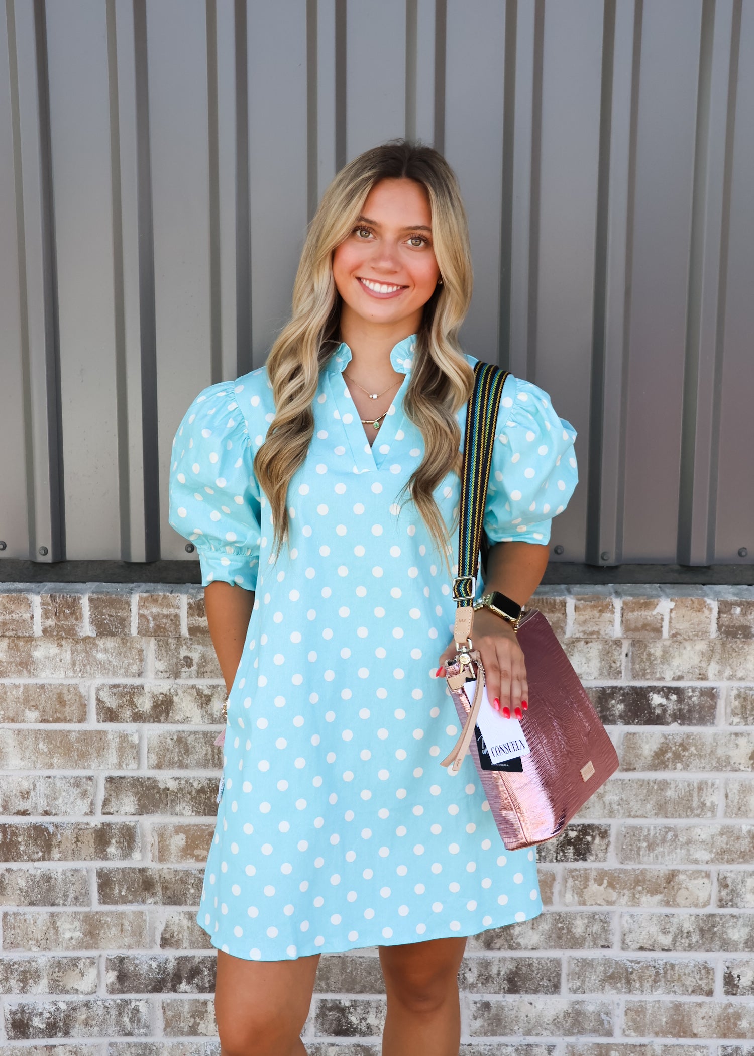 Ruffle V-Neck Puff Sleeve Polka Dot Mini Dress