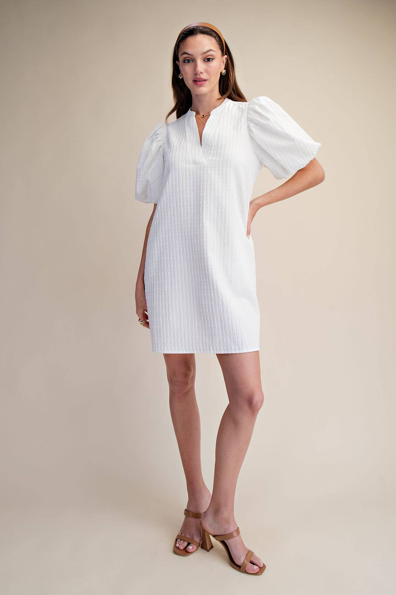 Mini Dress Puff Sleeve V-Neck Stitch Detailed