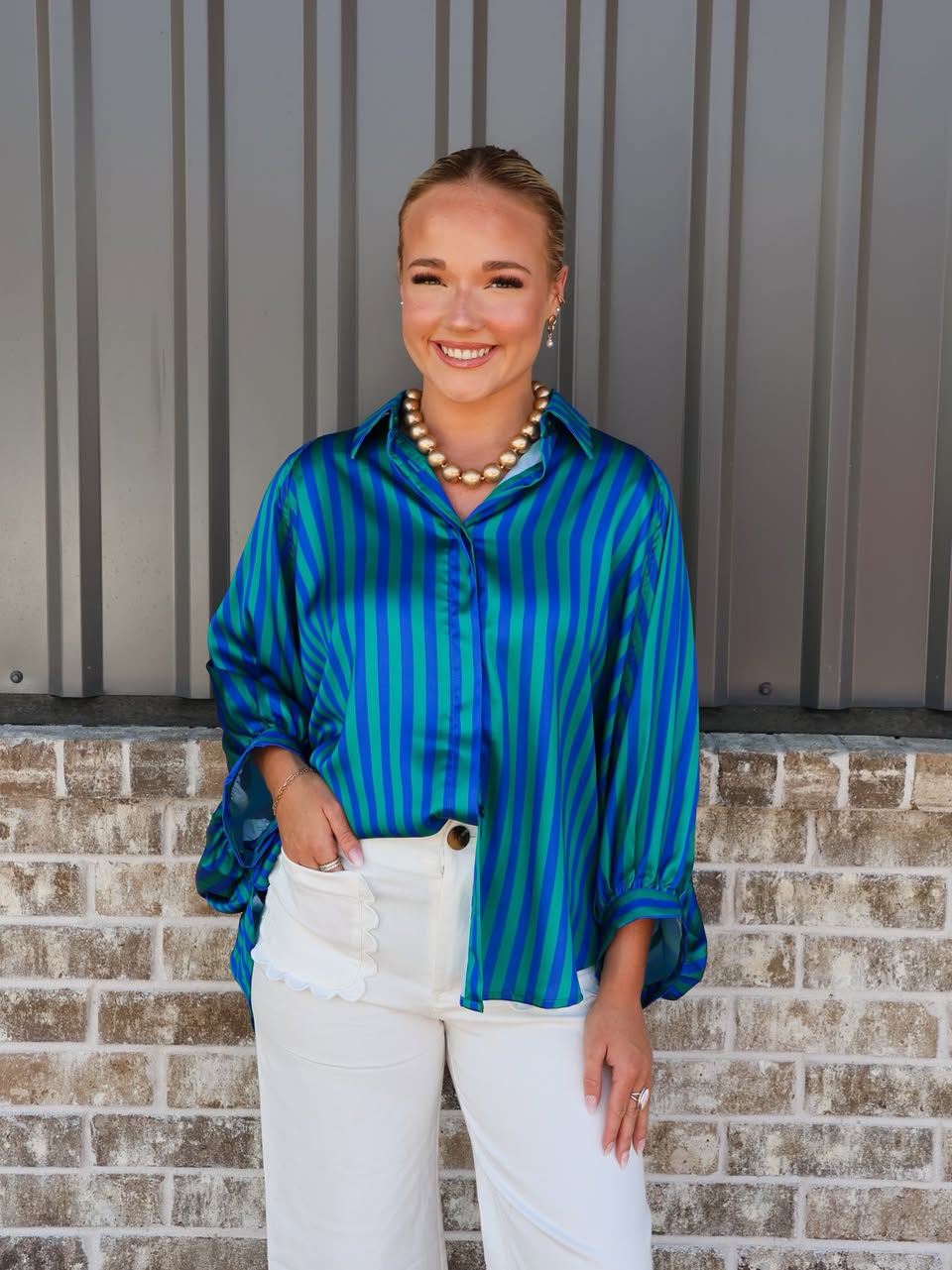 Oversized Shirt With Balloon Dolman Sleeve - Stripe