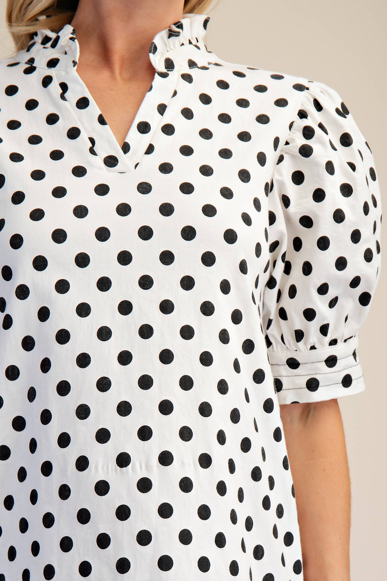 Ruffle V-Neck Puff Sleeve Polka Dot Mini Dress