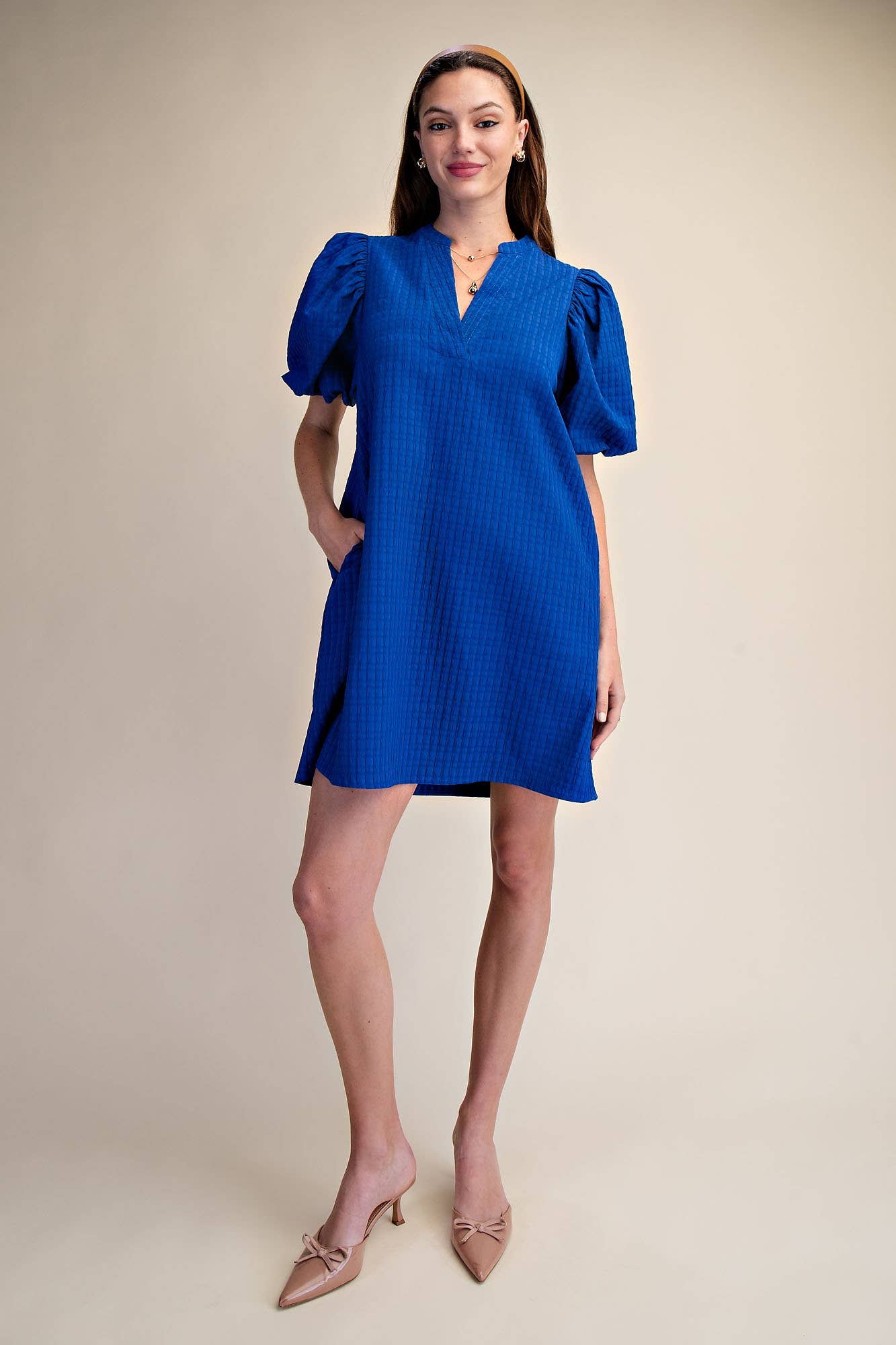Mini Dress Puff Sleeve V-Neck Stitch Detailed