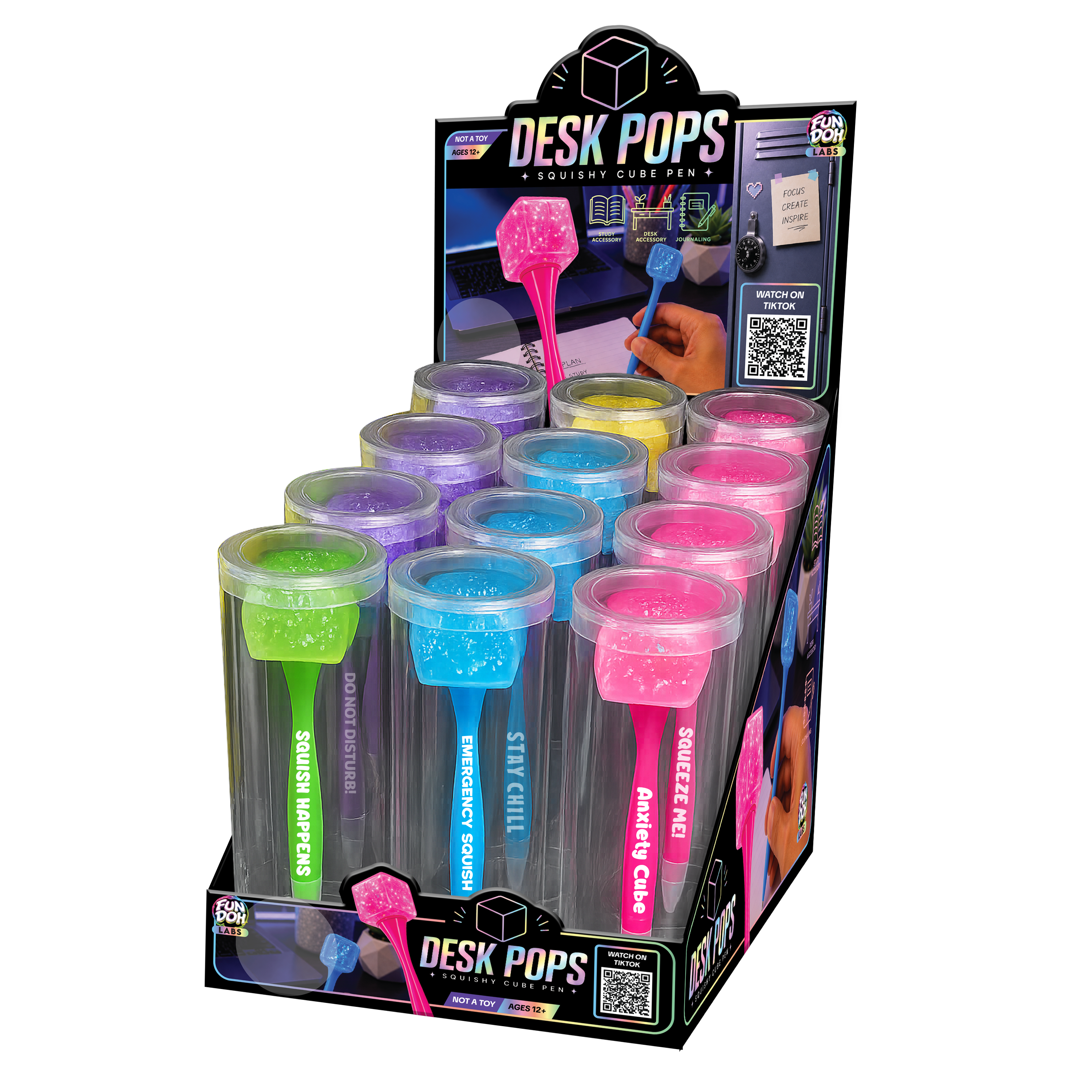 Fun Doh Desk Pops Squishy Cube Pen Assortment - 12/Display