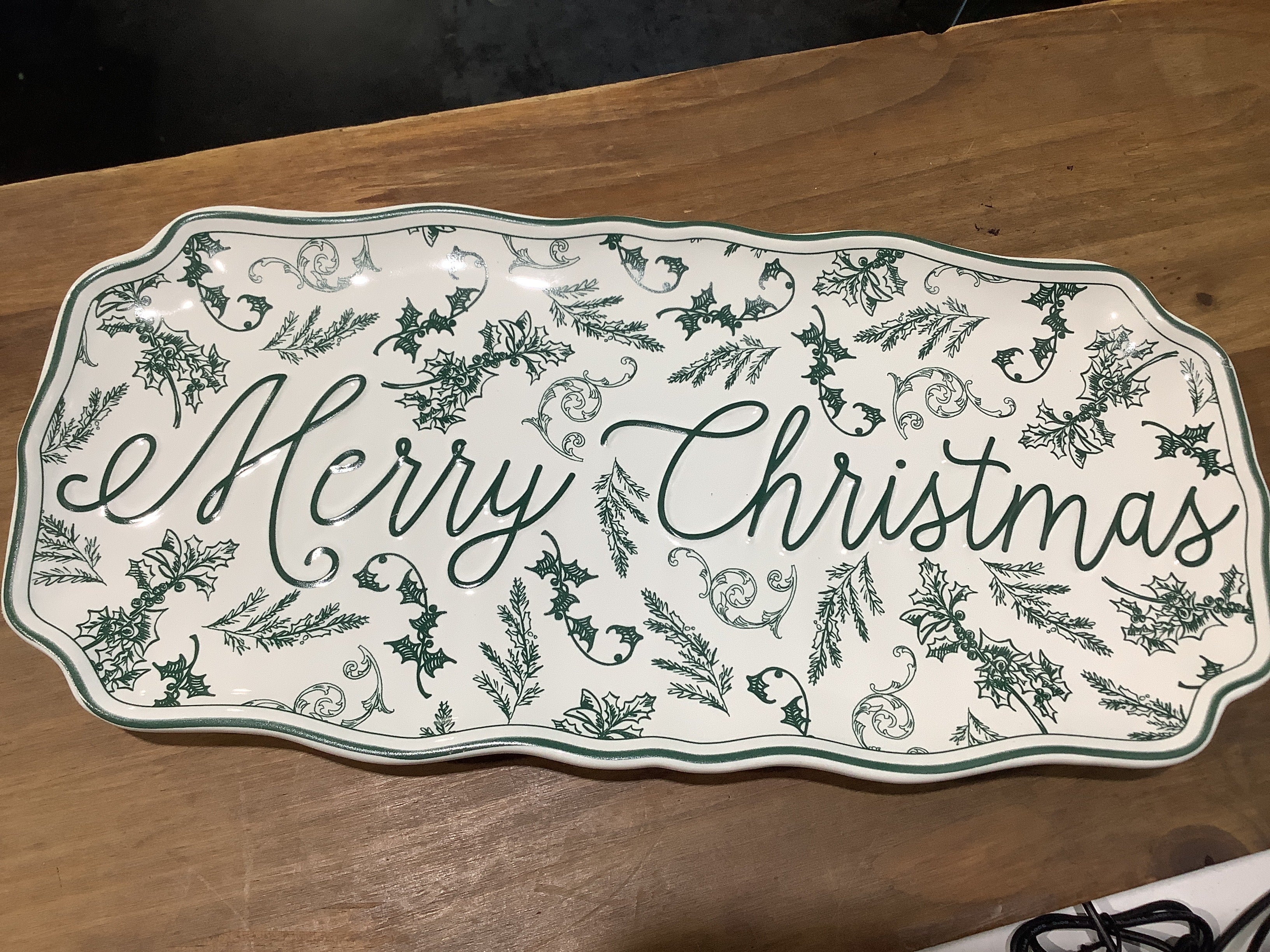 Merry Christmas Green Toile Tray