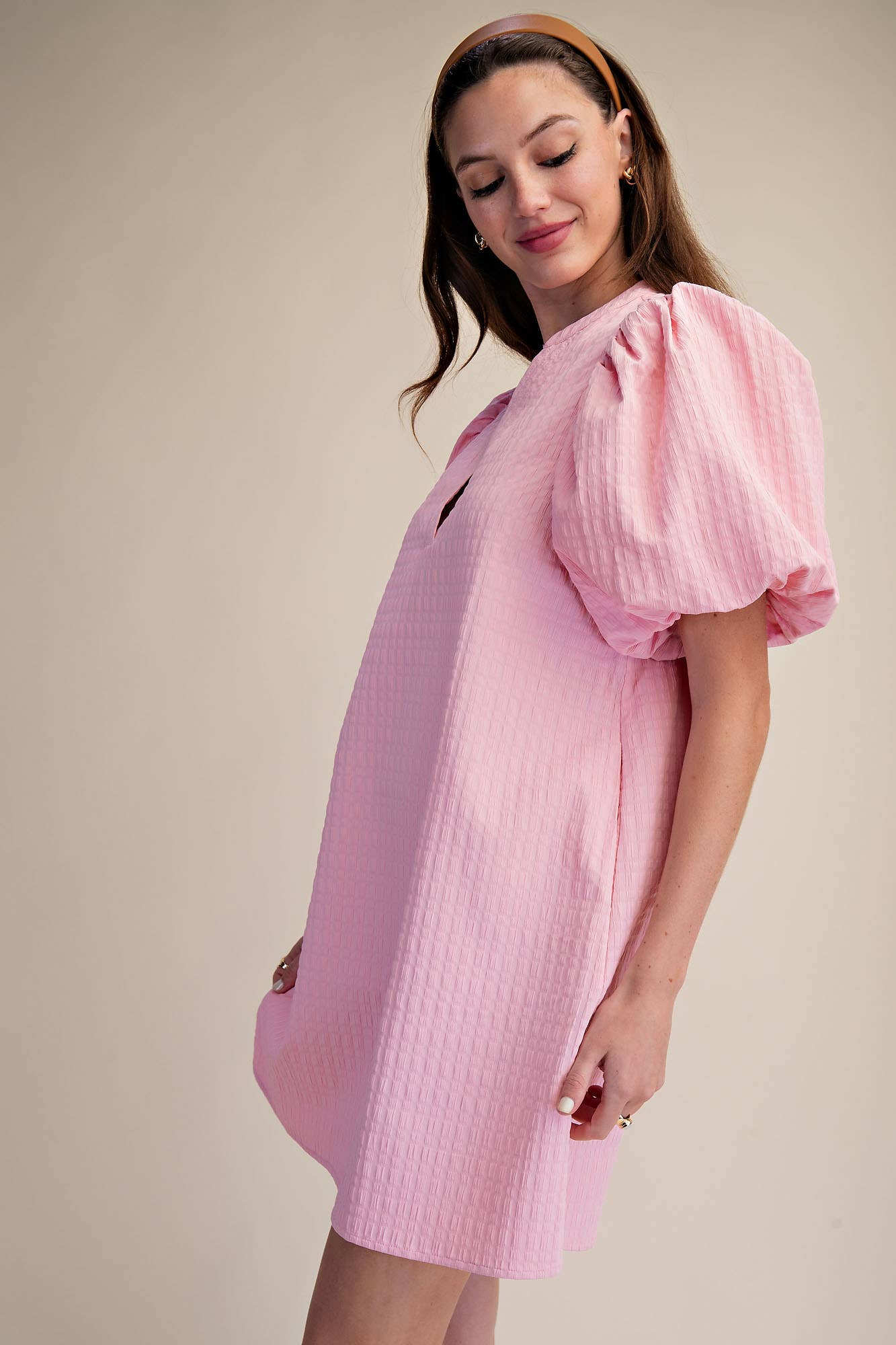 Mini Dress Puff Sleeve V-Neck Stitch Detailed