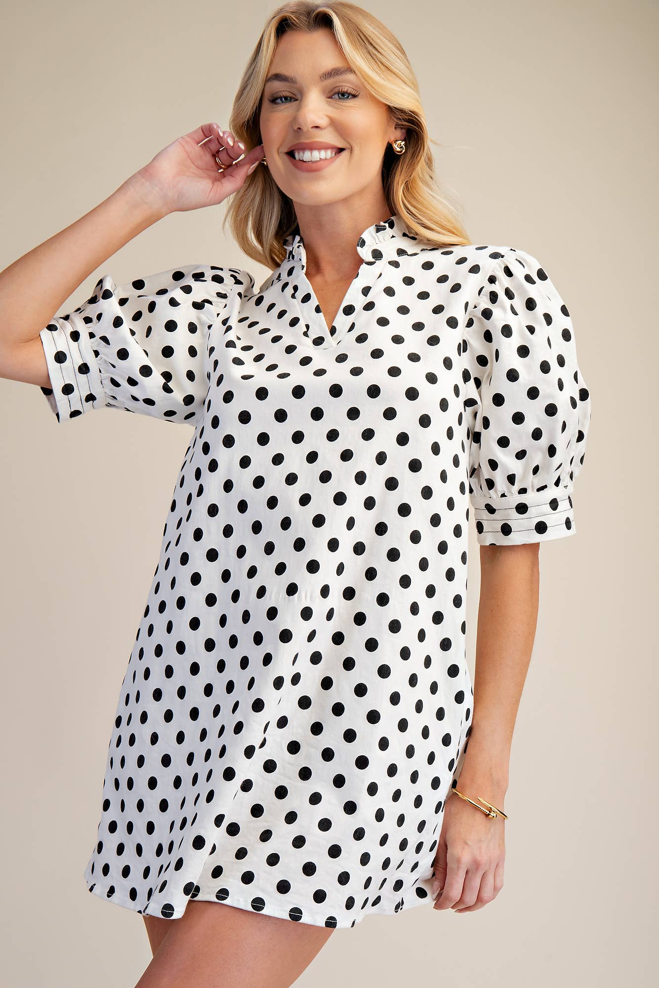 Ruffle V-Neck Puff Sleeve Polka Dot Mini Dress