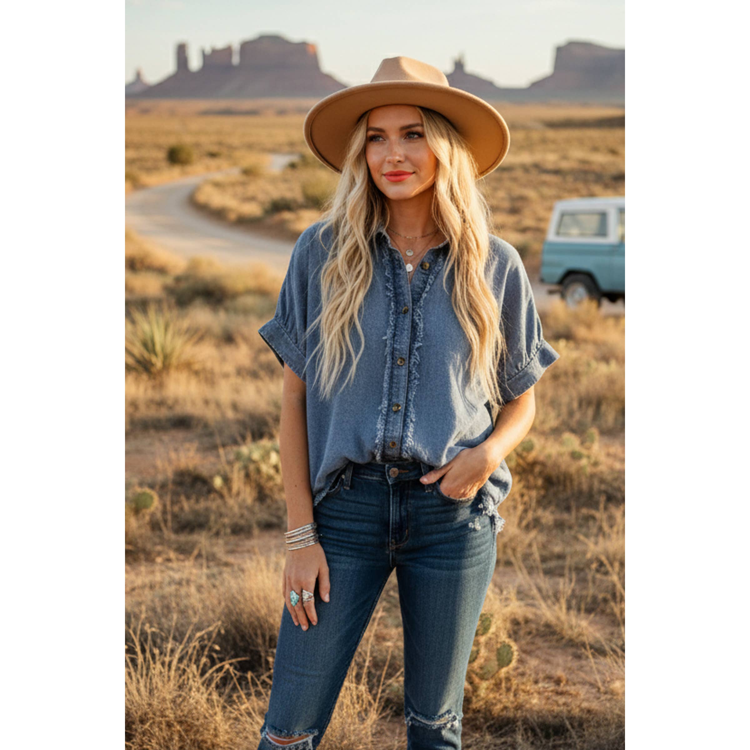 Frayed Trim Denim Button Top