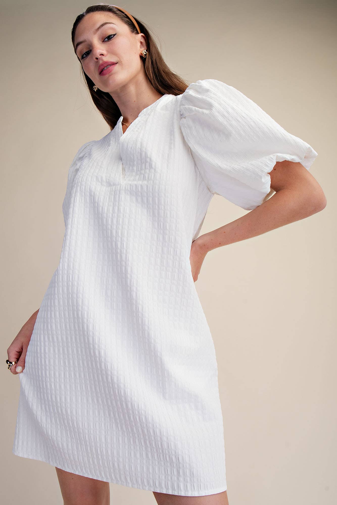 Mini Dress Puff Sleeve V-Neck Stitch Detailed