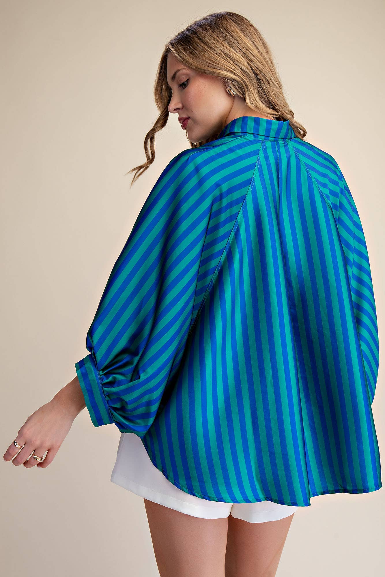 Oversized Shirt With Balloon Dolman Sleeve - Stripe
