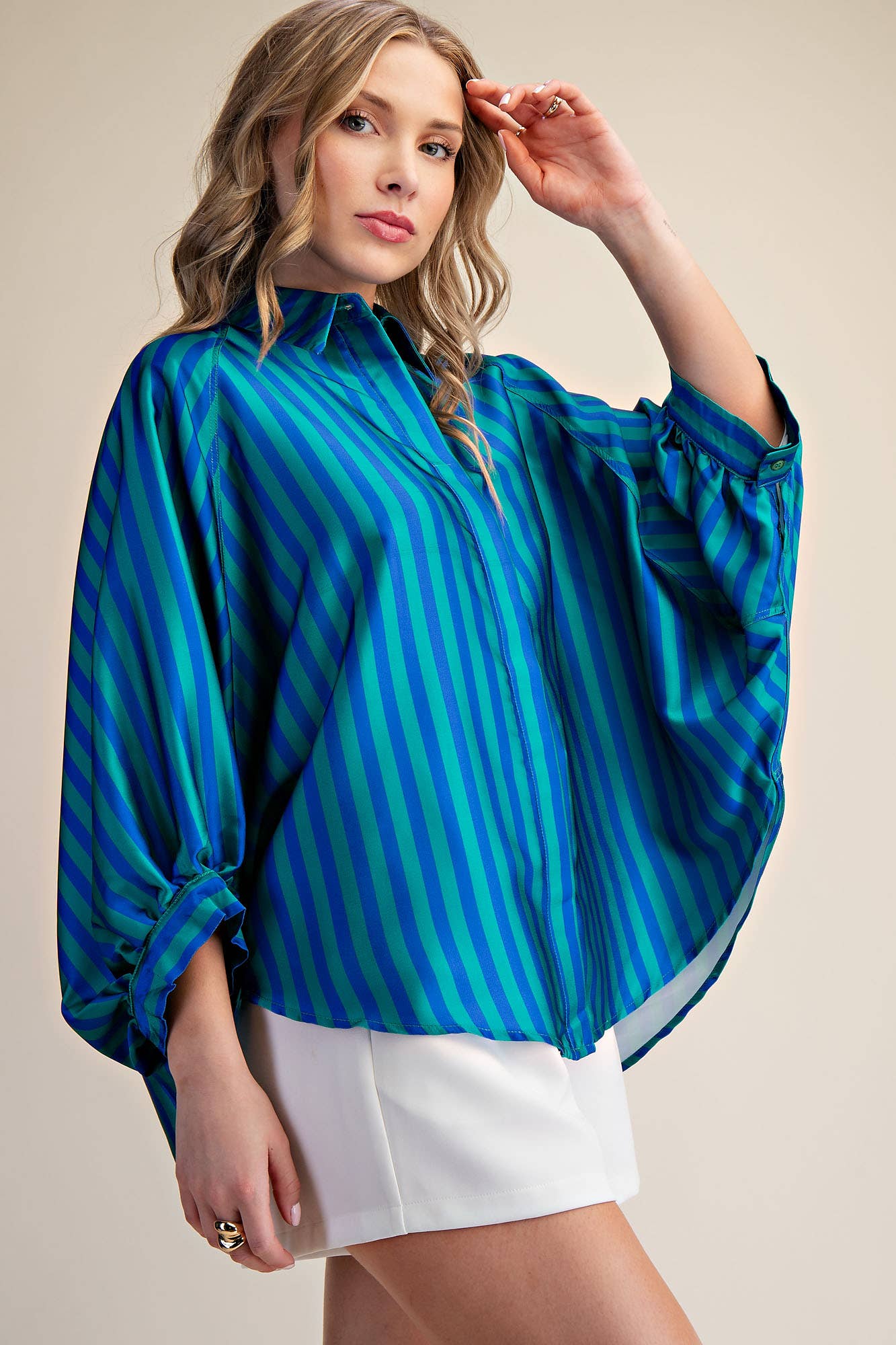 Oversized Shirt With Balloon Dolman Sleeve - Stripe