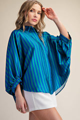 Oversized Shirt With Balloon Dolman Sleeve - Stripe