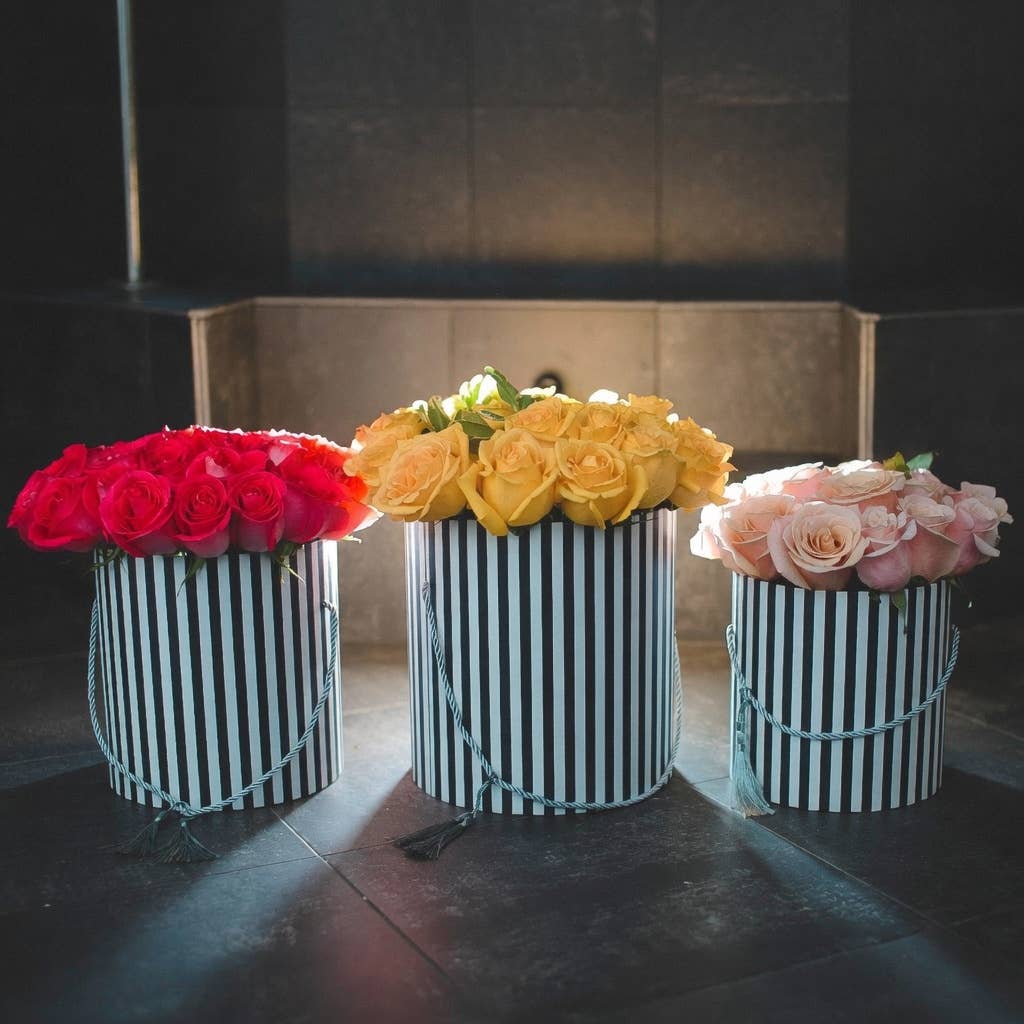 Round Flower Boxes - Set of 3 Striped Gift Boxes with Lids