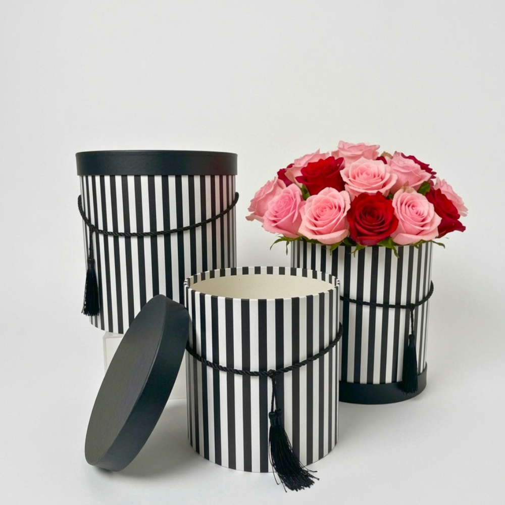 Round Flower Boxes - Set of 3 Striped Gift Boxes with Lids