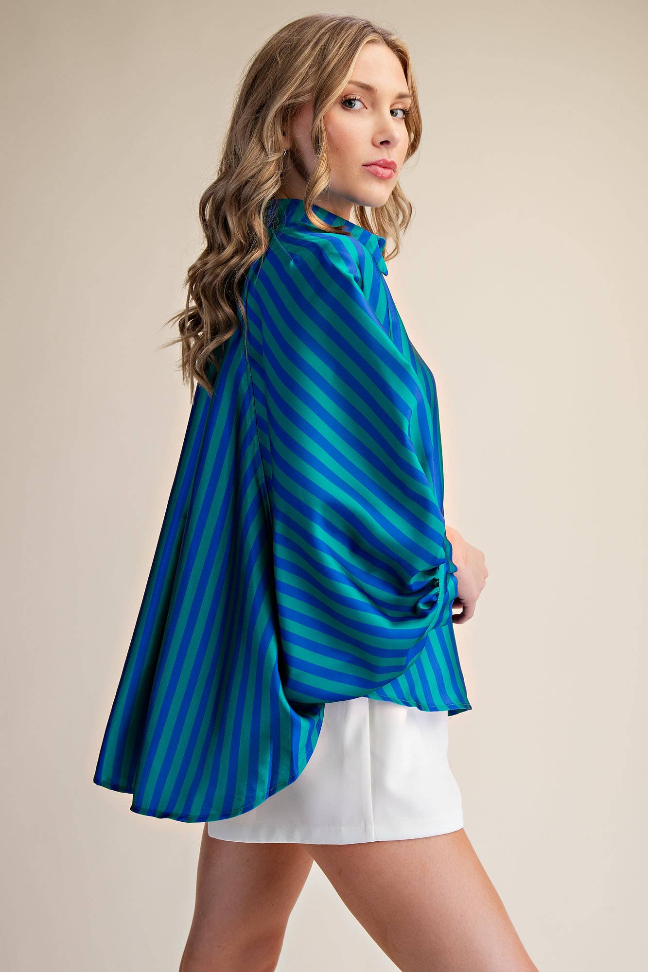 Oversized Shirt With Balloon Dolman Sleeve - Stripe