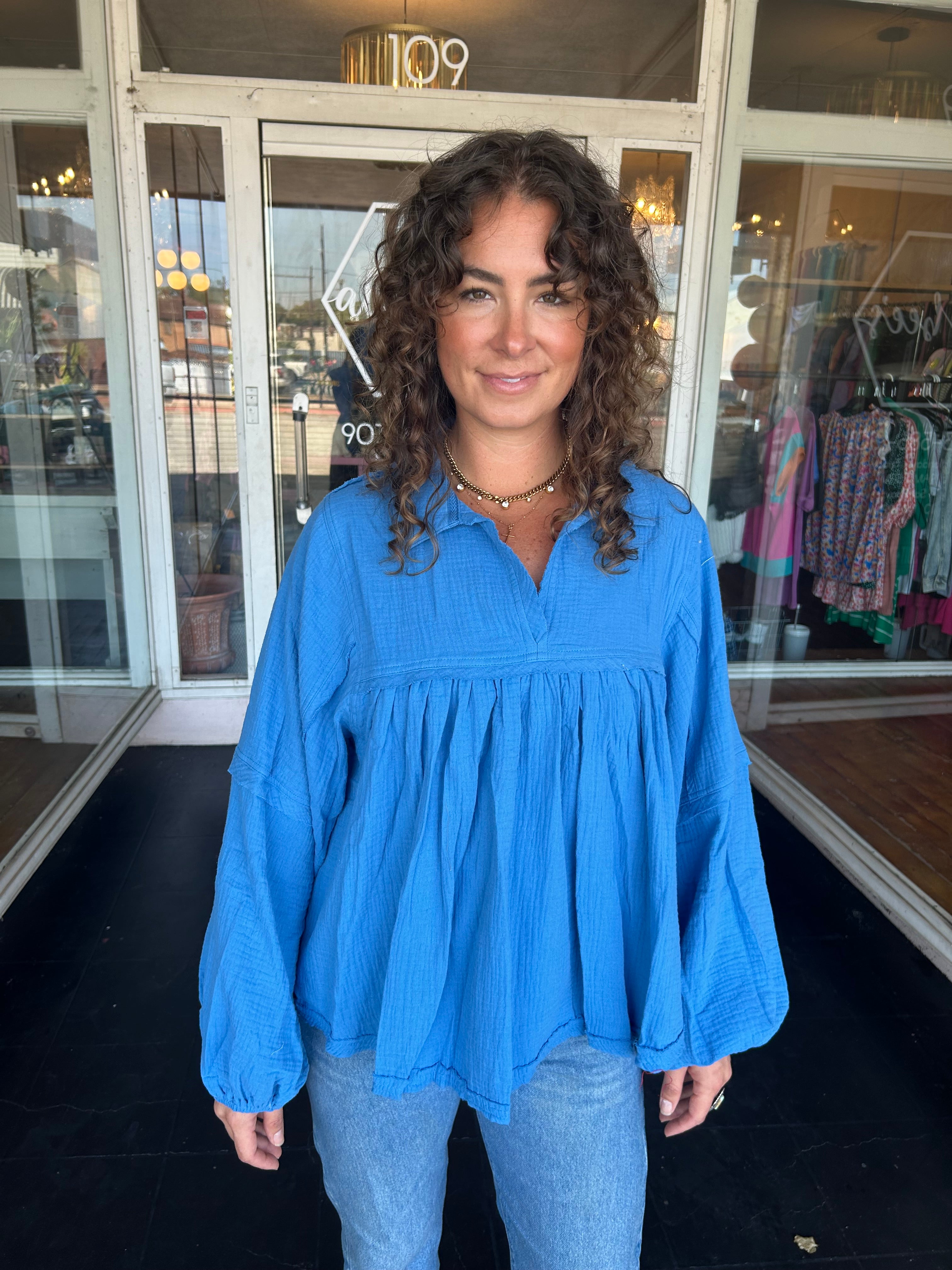 Indigo Blue ruffled long sleeve top – Aly Bees