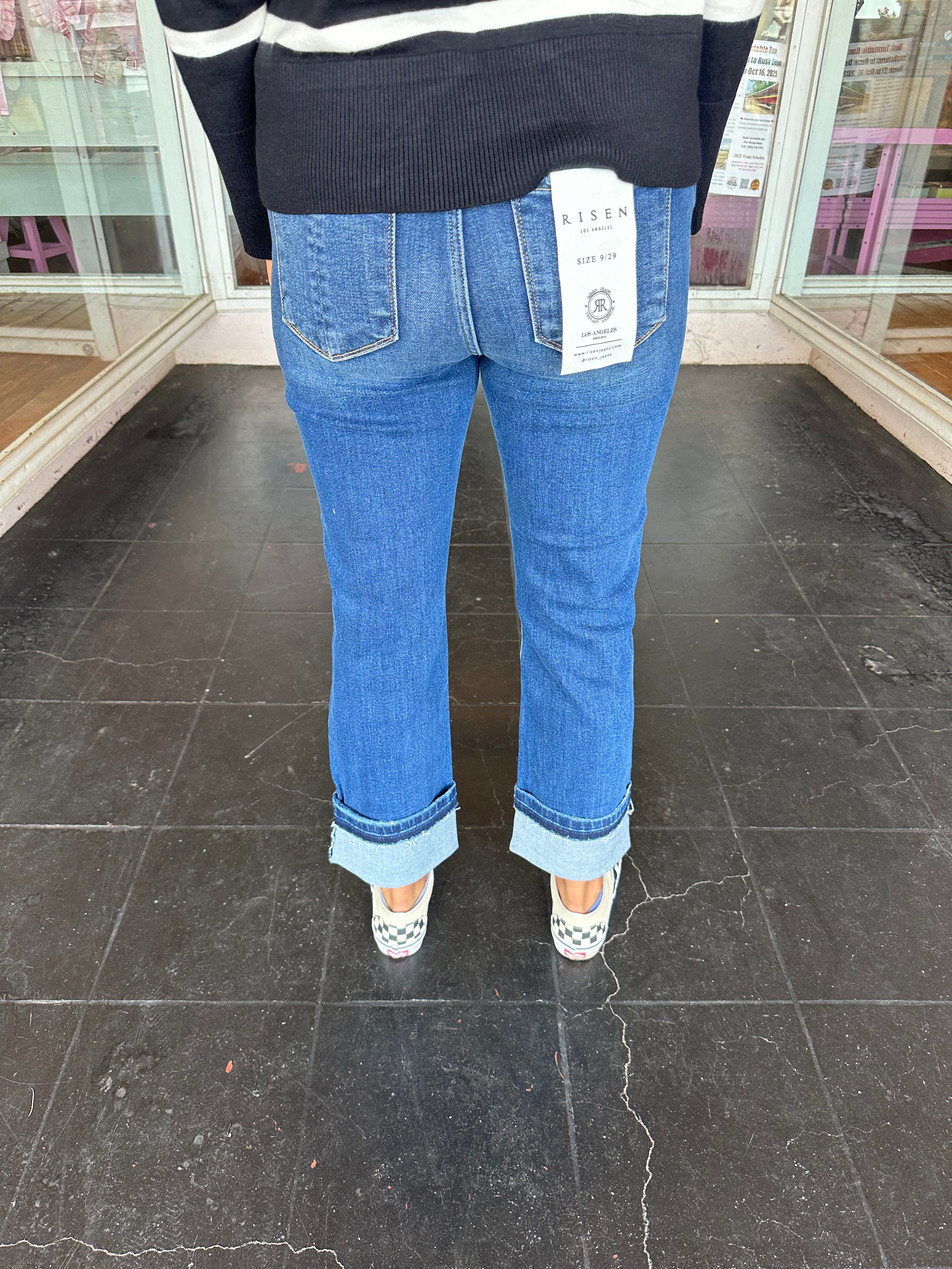 Mid Rise Crop Straight Slim Cuffed Jean