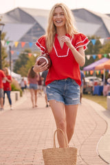 Ruffle Sleeve Scallop Trim Top