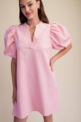 Mini Dress Puff Sleeve V-Neck Stitch Detailed