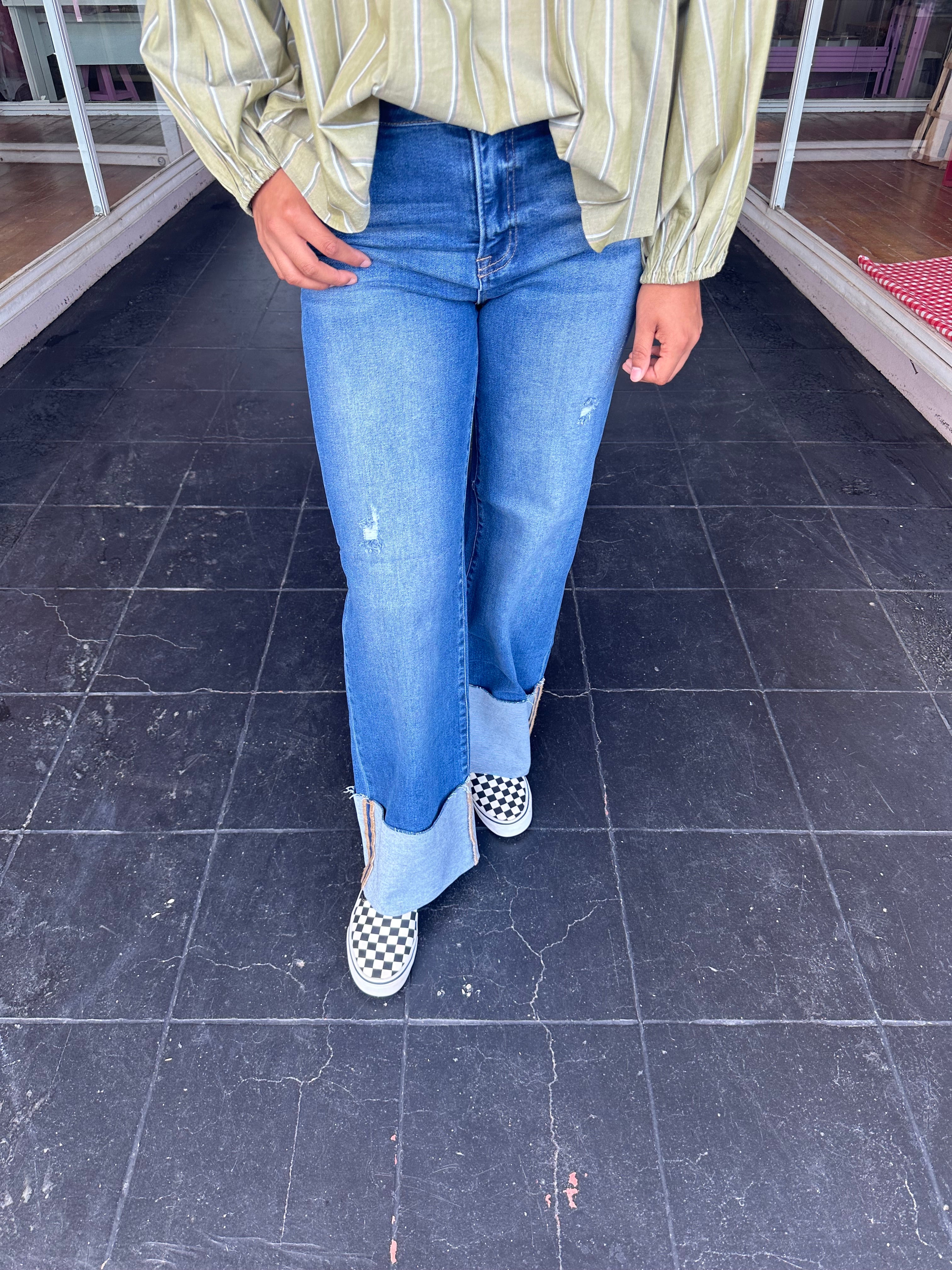 High Rise Ankle Wide Cuffed Jeans