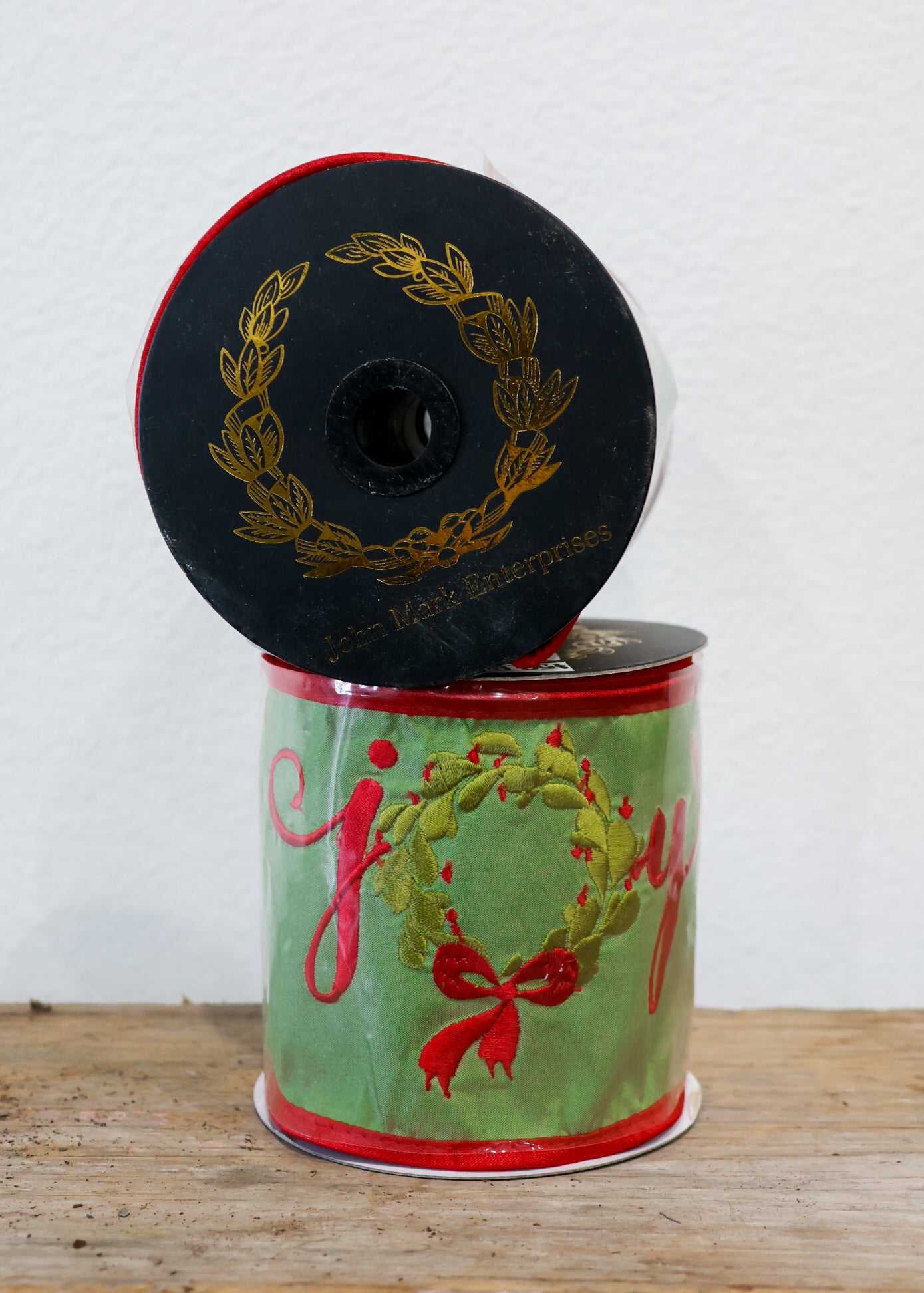 Embroidered Joy Wreath Taffeta Ribbon