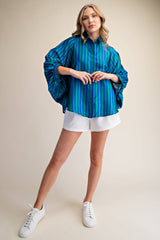 Oversized Shirt With Balloon Dolman Sleeve - Stripe