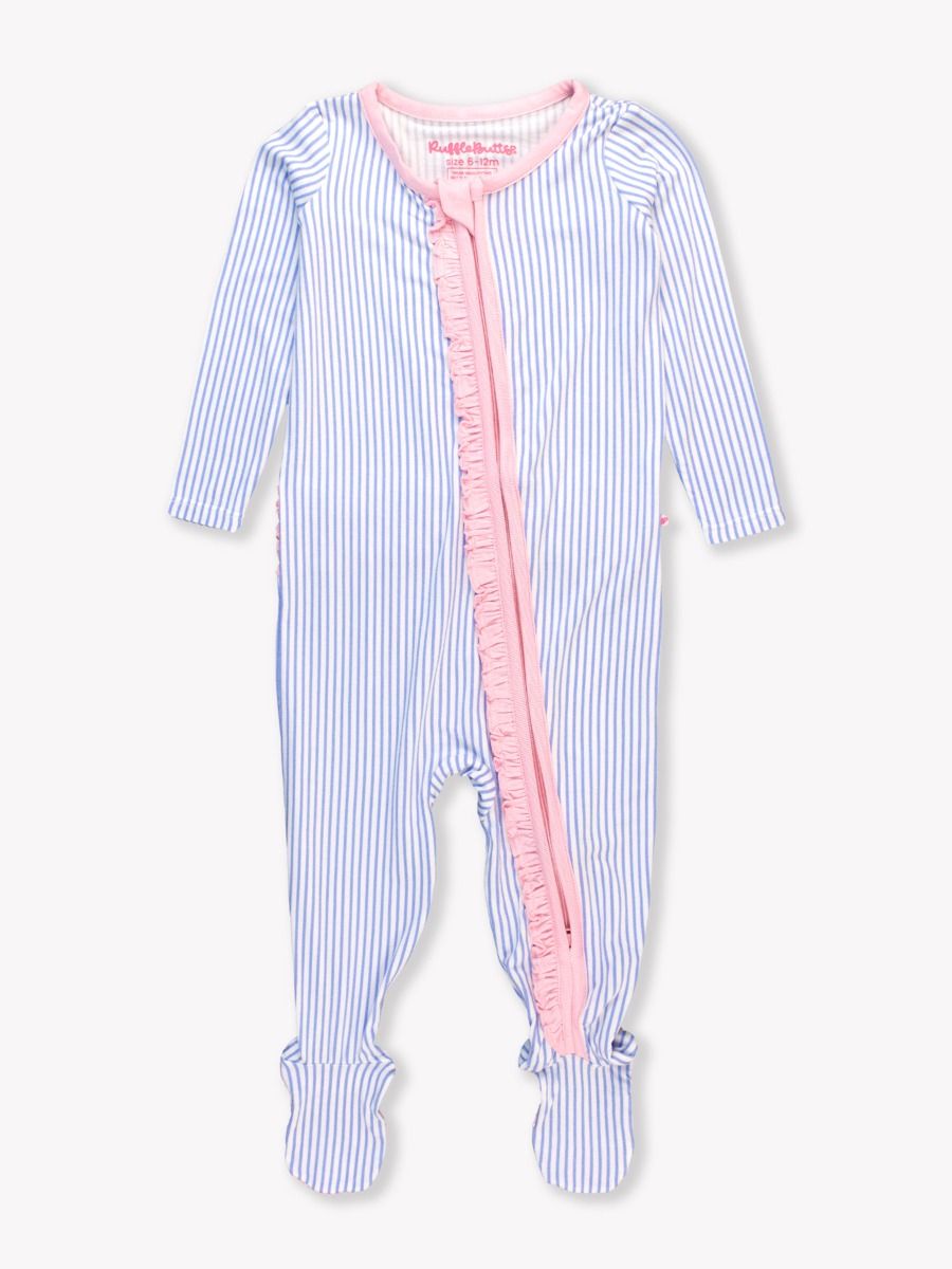 Periwinkle & White Stripe Ruffle One Piece Footie PJs