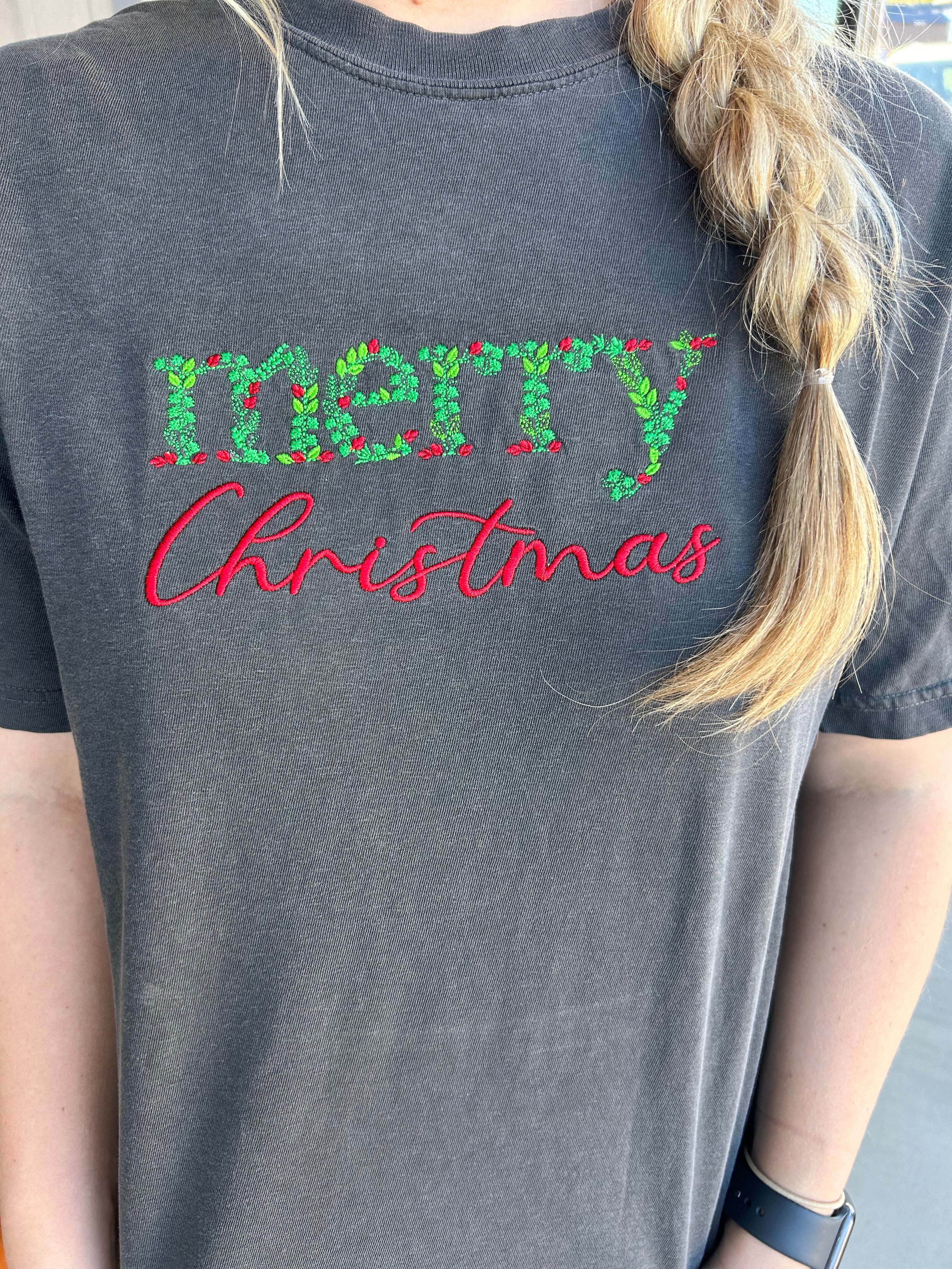 Merry Christmas Comfort Colors Embroidered Tee