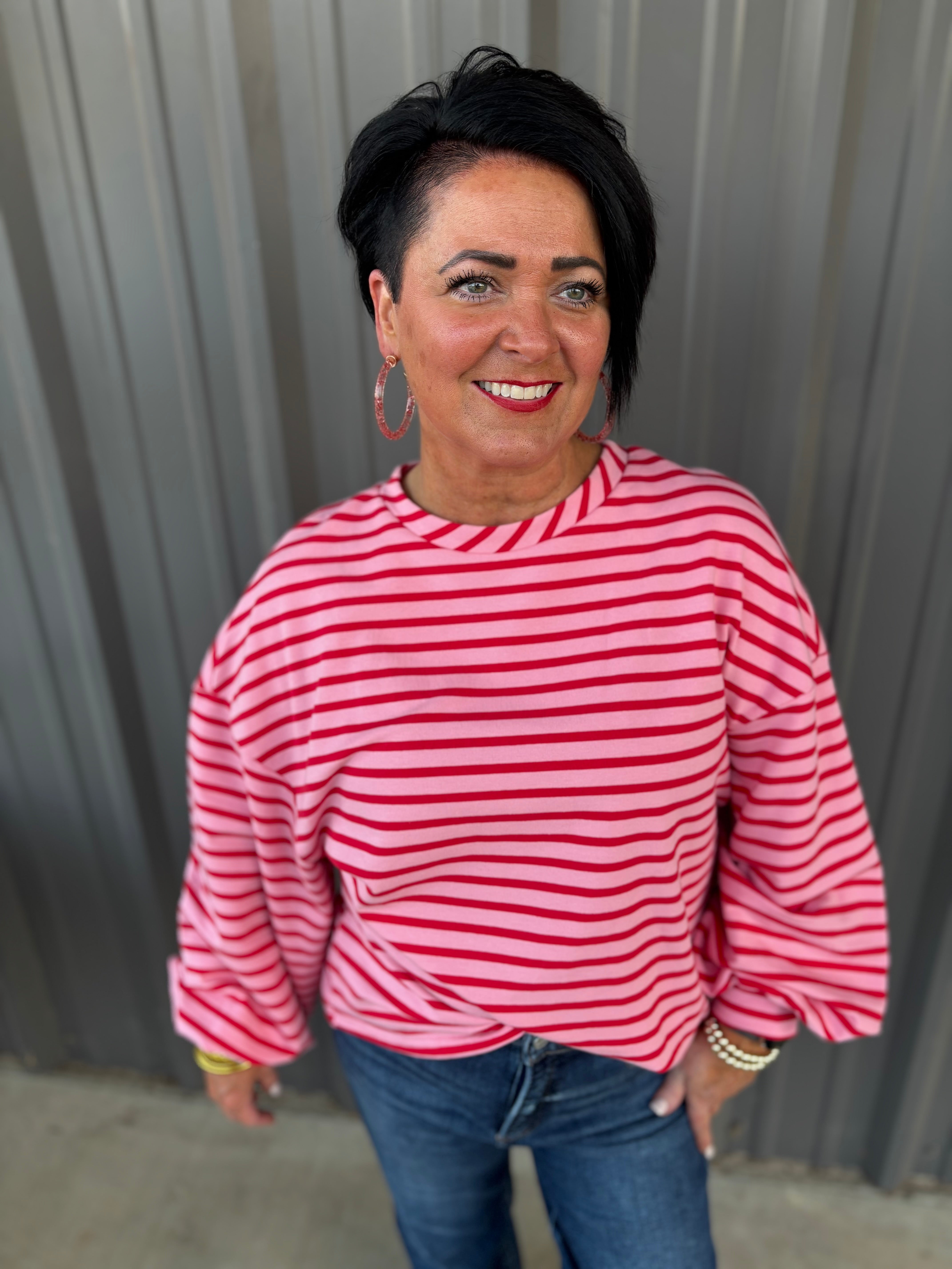 Striped Crew Neck Drop Shoulder Sweatshirt