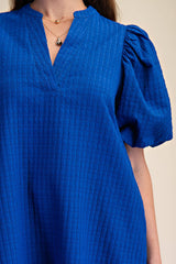 Mini Dress Puff Sleeve V-Neck Stitch Detailed