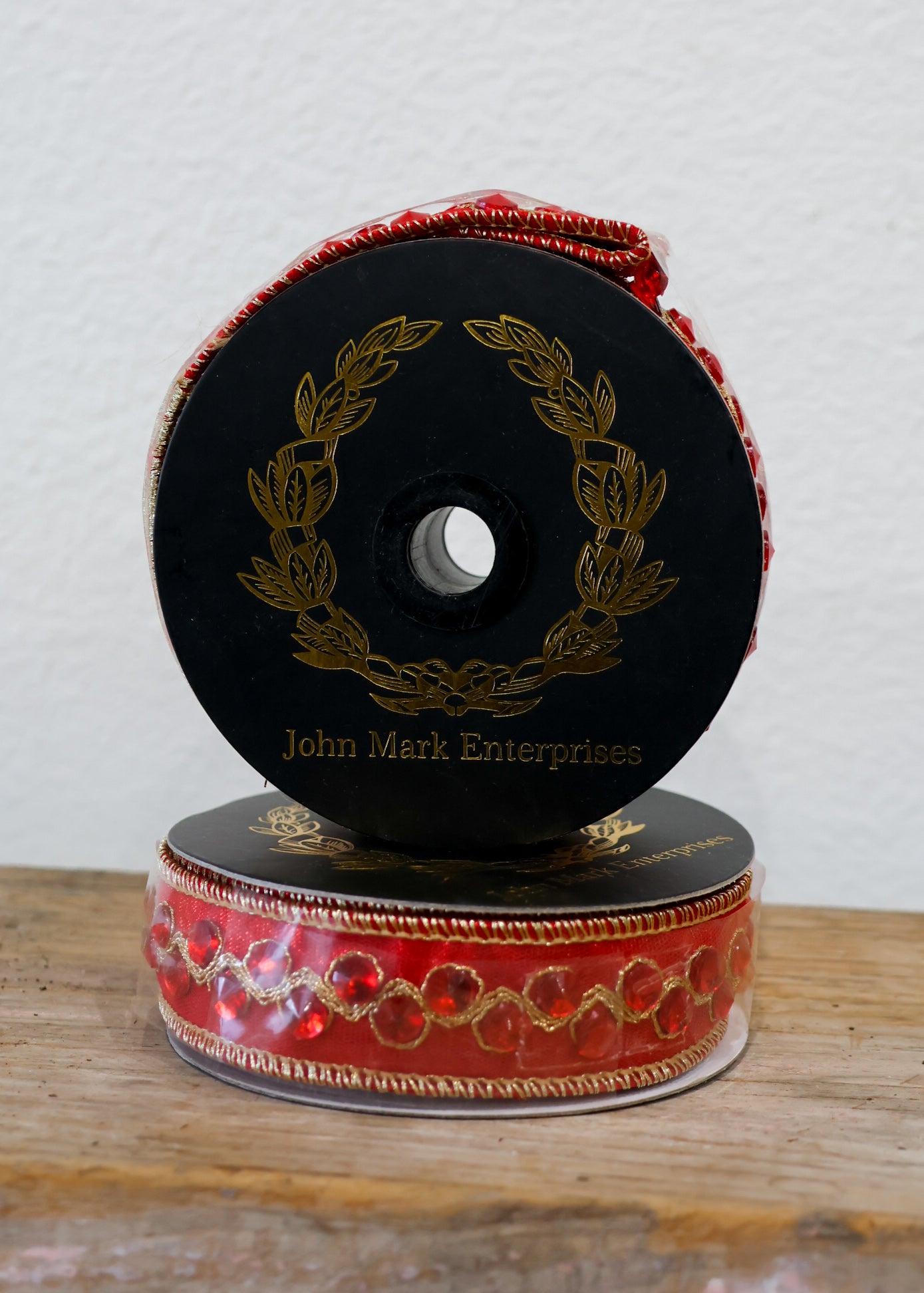 Jeweled Trim Metallic Dupion Red Ribbon