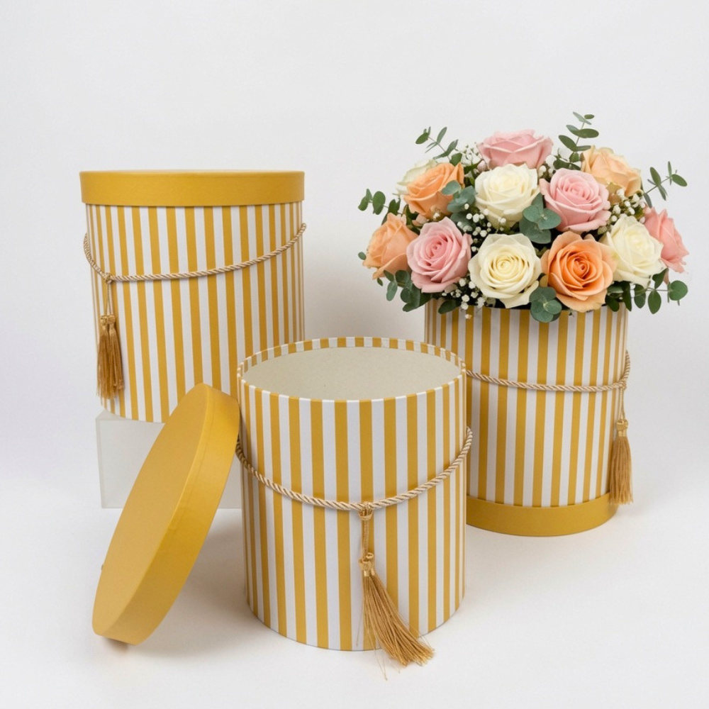 Round Flower Boxes - Set of 3 Striped Gift Boxes with Lids