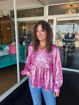 Fuchsia long sleeve shimmer top